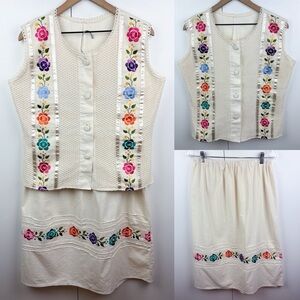 Vintage Embroidered Floral Mexican Hand Made Cotton Button Vest Top Skirt Set